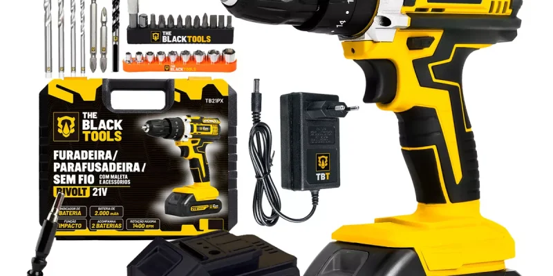 Parafusadeira Furadeira De Impacto Profissional Modelo TB-21PX 2 Baterias Com Maleta The Black Tools 60Hz Amarelo
